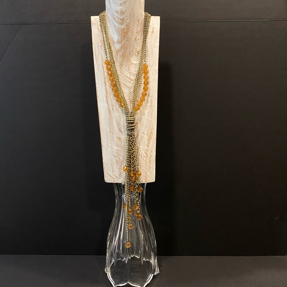 Vintage Gold Tone Multi-Strand Tassel Necklace With Amber Beaded